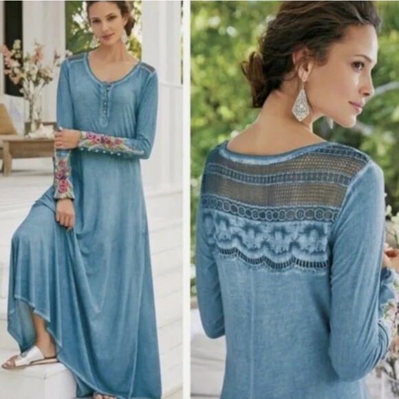 Soft Surroundings Ava Maxi Dress Womens Sz XL Blue Boho Lagenlook Coastal NEW - Picture 1 of 7